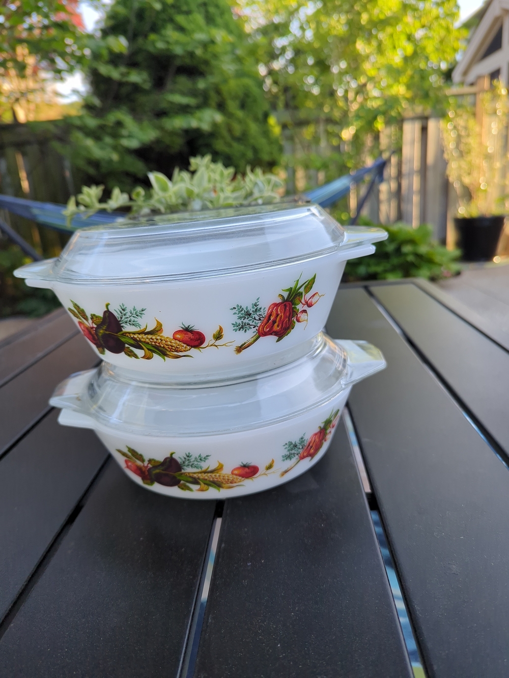 Pyrex White Casserole Bowls with Fruit Motif and Clear Lids